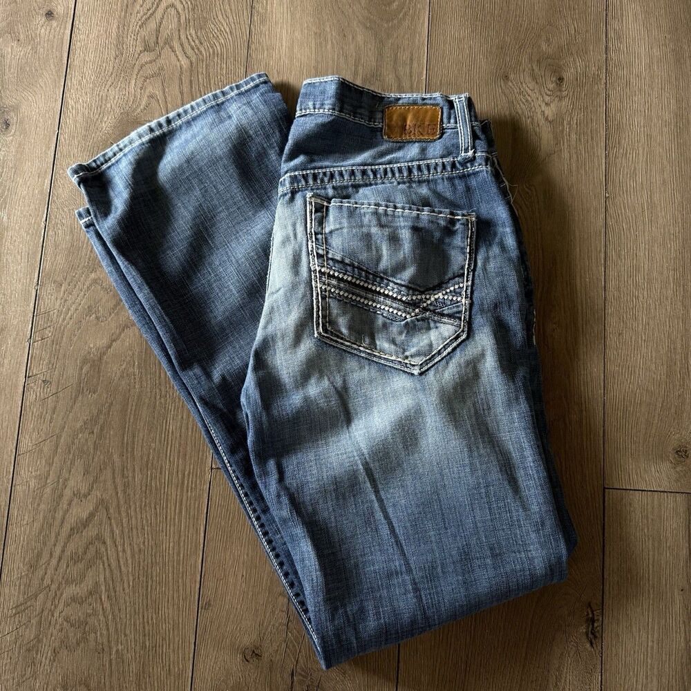 BKE Carter Mens (34x31) Blue Wash Whisker 100% Cotton Jean Straight Distressed